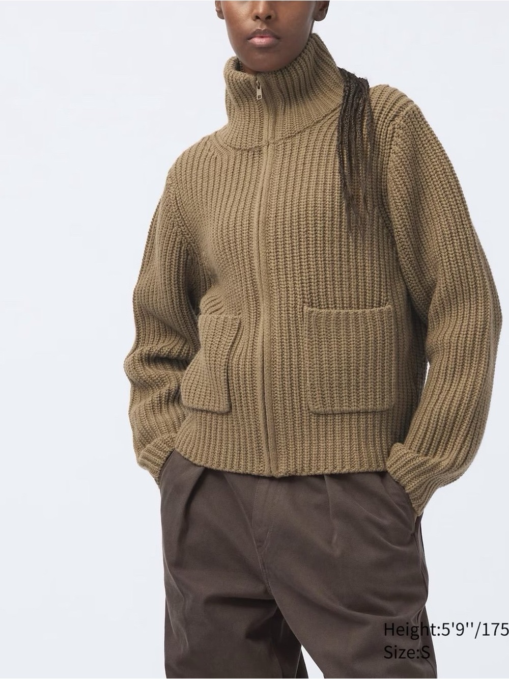 Uniqlo Olive Zip-Front Ribbed Turtleneck Sweater size medium